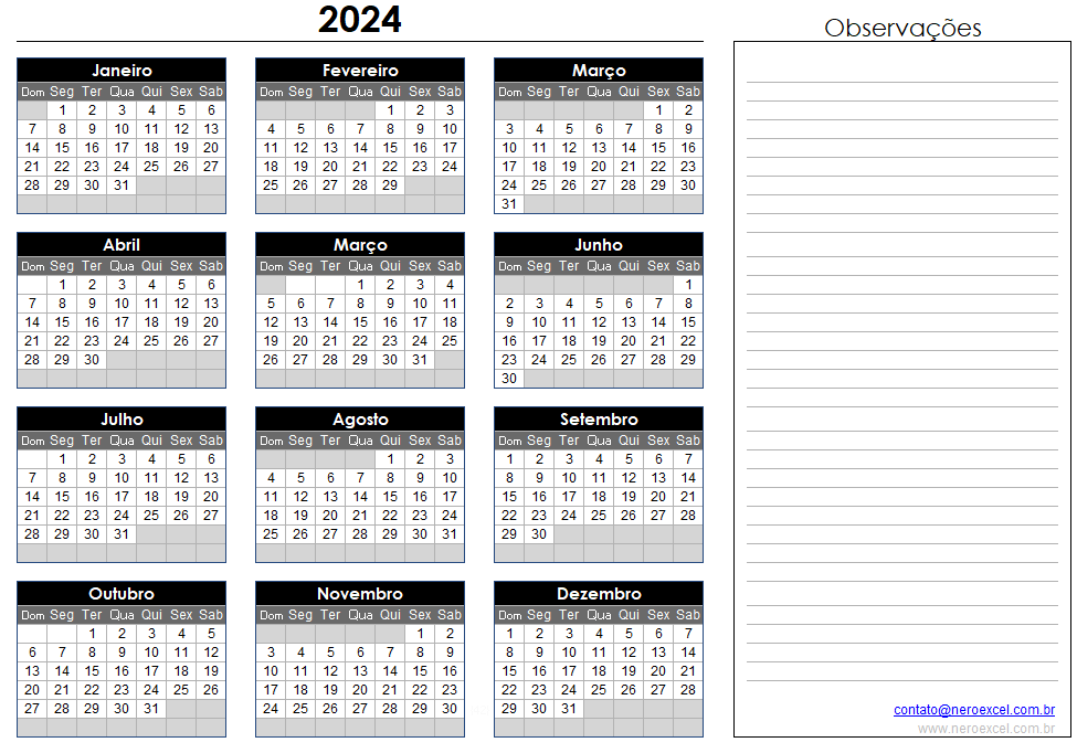 Calendário Excel 2024
