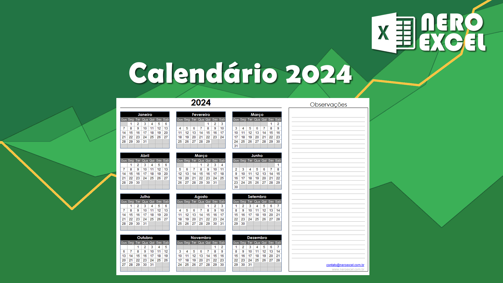 Calendário Excel 2024 Completo Para download, editar e imprimir.