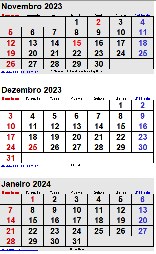 Calendário de dezembro de 2023 em formato retrato exibindo 3 meses.