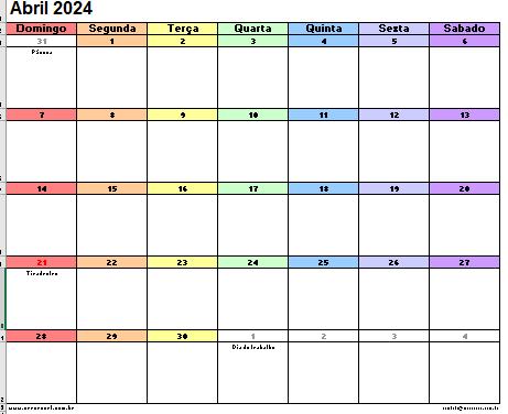 Calendário Abril 2024 Excel