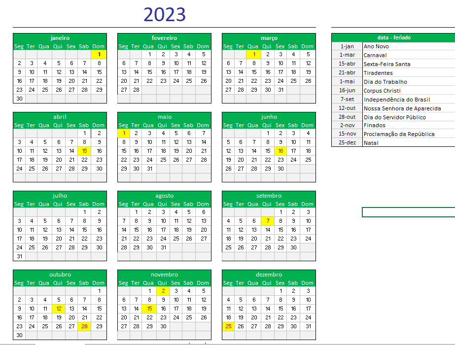 calendário 2023 Excel