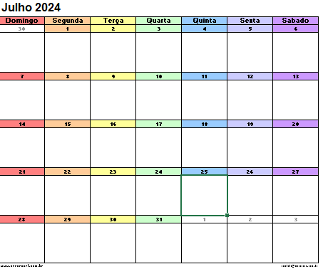 Calendário Julho 2024 Excel