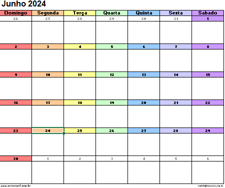 Calendário Junho 2024 Excel