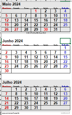 3 meses maio junho julho calendário excel 2024