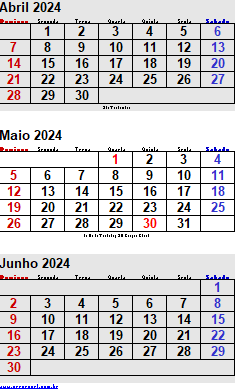 calendario abril maio junho excel 2024