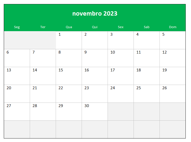 Calendário Novembro 2023 Excel
