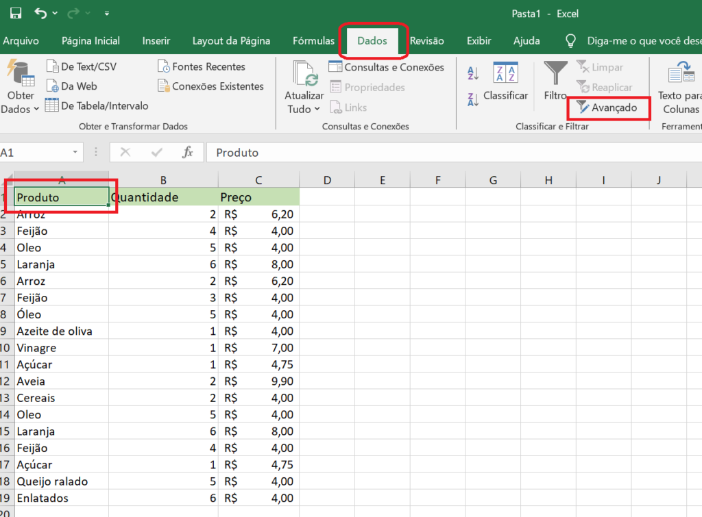 Filtro avançado Excel
